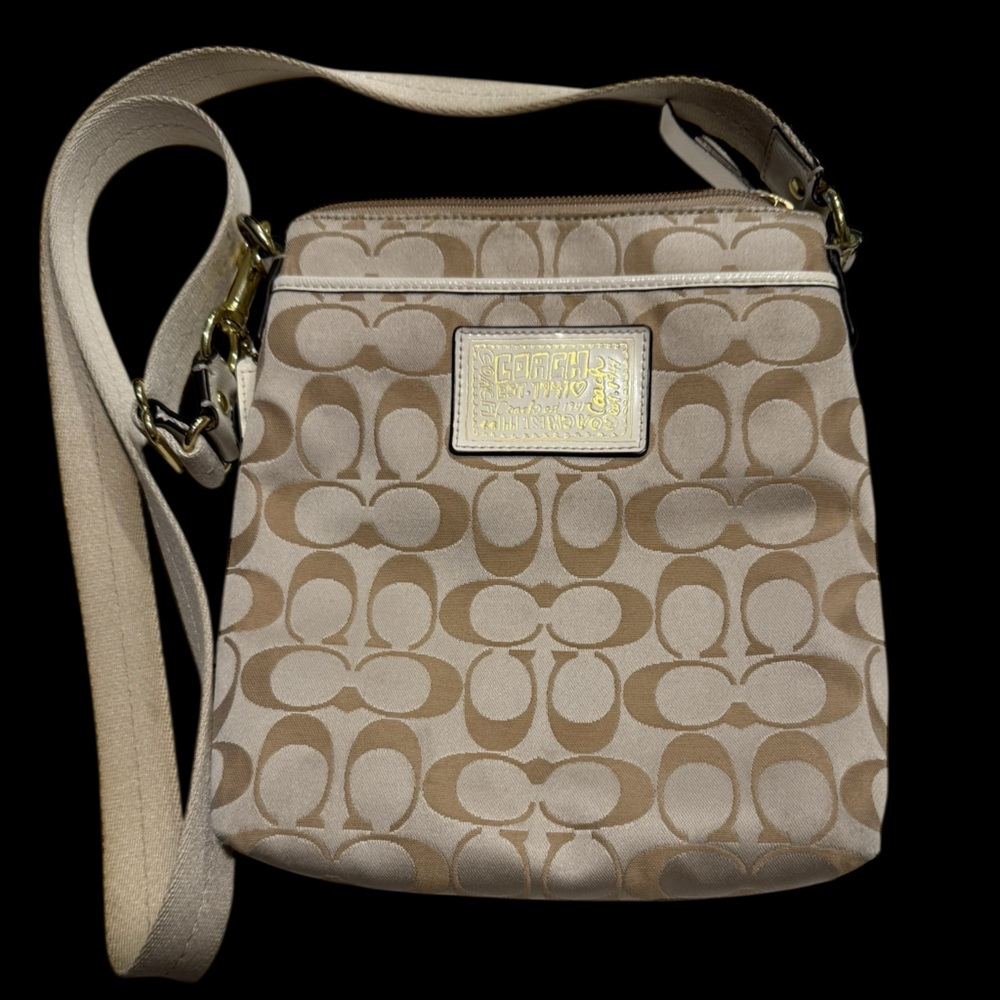 Coach Cream and Gold Crossbody Bag with Signature Monogram